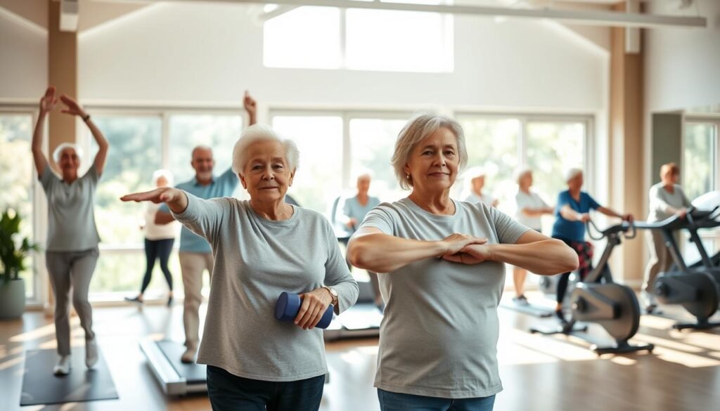 A serene and peaceful scene showcasing a group of active elderly people engaged in a variety of low-impact exercises in a sunlit, well-equipped gym. The foreground features senior citizens performing gentle stretches, yoga poses, and light resistance training using dumbbells and resistance bands. The middle ground depicts them walking on treadmills and stationary bikes, their faces radiant with concentration and determination. In the background, large windows flood the space with natural light, creating a warm and inviting atmosphere. The overall mood evokes a sense of vitality, wellness, and the joys of an active lifestyle in one's golden years.