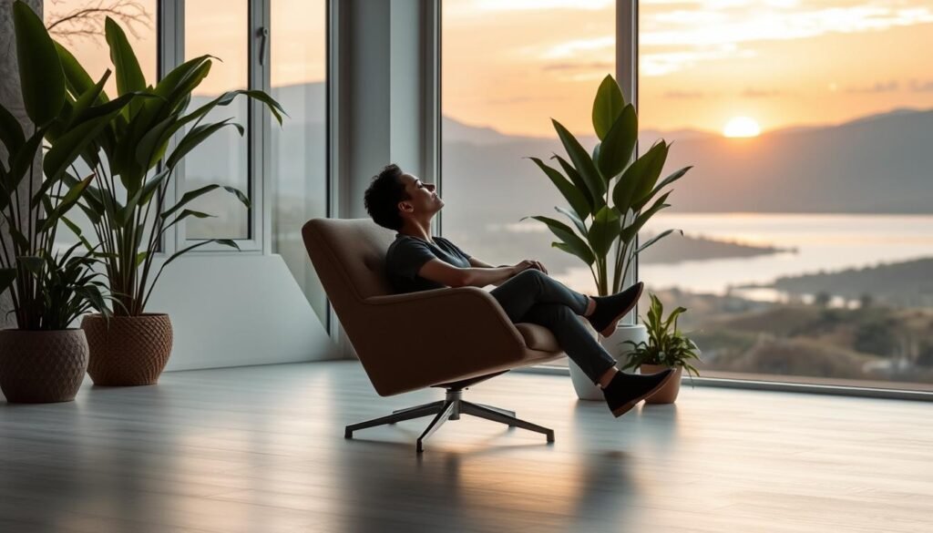 A serene and tranquil scene depicting the concept of "bem-estar" (well-being). In the foreground, a person sits in a comfortable, ergonomic chair, eyes closed and body relaxed, surrounded by lush, verdant plants and natural lighting filtering through large windows. The middle ground features a minimalist, modern interior design with clean lines and neutral tones, creating a calming atmosphere. The background showcases a picturesque outdoor landscape, with rolling hills, a calming body of water, and a vibrant sunset sky, radiating a sense of peace and harmony. The overall composition conveys a harmonious blend of physical, mental, and environmental well-being.