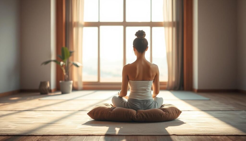 A serene and tranquil scene depicting the concept of self-care and personal well-being. In the foreground, a person sits cross-legged on a plush, earthy-toned cushion, their eyes gently closed in meditation, hands resting on their lap. Soft, diffused lighting filters through a large window, casting a warm glow and creating long, softly-defined shadows. The middle ground features a minimalist, Zen-inspired interior with clean lines, natural wood accents, and a potted plant adding a touch of greenery. The background gradually fades into a peaceful, out-of-focus landscape, suggesting a sense of calm and connection with nature. The overall atmosphere is one of relaxation, introspection, and a focused commitment to self-care.