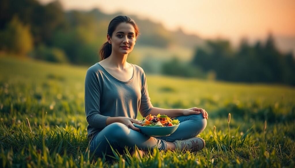 A serene and tranquil scene of a person practicing intermittent fasting, sitting cross-legged on a peaceful meadow, surrounded by lush greenery and bathed in warm, natural lighting. The figure's posture reflects a sense of calm focus, their face expressing a subtle yet content expression. In the middle ground, a healthy, colorful meal awaits, symbolizing the nourishment and energy gained from this lifestyle practice. The background features a softly blurred, idyllic landscape, conveying a sense of balance and harmony. The overall mood is one of mindfulness, vitality, and a deep connection between the physical, mental, and spiritual aspects of the subject's daily life.