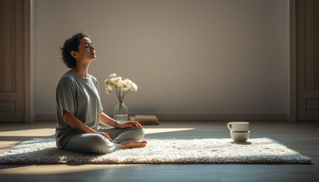 A serene and tranquil scene of everyday gratitude. In the foreground, a person sitting cross-legged on a plush rug, eyes closed in quiet contemplation, hands resting gently on their lap. Soft, diffused natural lighting filters in through a large window, casting a warm glow on the scene. In the middle ground, simple yet elegant decor - a vase of fresh flowers, a stack of well-worn books, a cup of steaming tea. The background is a minimalist, Zen-inspired space, with clean lines and muted tones that create a sense of spaciousness and calm. An atmosphere of mindfulness, appreciation, and inner peace pervades the entire composition.