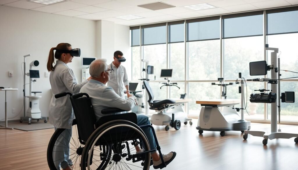 A serene and tranquil scene of neurological rehabilitation, set in a modern, well-equipped medical facility. In the foreground, a patient in a wheelchair engages in a series of targeted exercises, guided by a team of attentive healthcare professionals. The middle ground showcases state-of-the-art rehabilitation equipment, including advanced robotic assistive devices and virtual reality setups. The background features large windows, allowing natural light to flood the space and create a calming, uplifting atmosphere. The lighting is soft and diffused, emphasizing the care and support provided to the patient. The overall mood is one of hope, resilience, and the power of scientific advancements to help individuals overcome adversity and reclaim their cognitive and physical abilities.