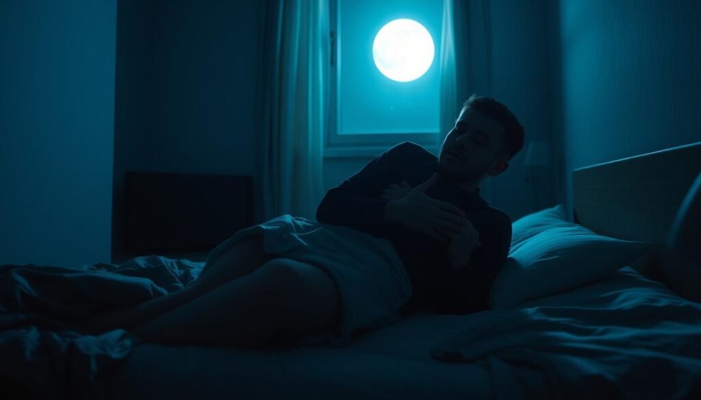 A serene bedroom at night, the moonlight casting a soft glow through the window. On the bed, a figure tossing and turning, struggling to find a comfortable position. Shadows of restlessness flicker across the walls, hinting at the disturbances that disrupt their sleep. The room is slightly muted, with a hazy, dreamlike quality, evoking the disorientation of insomnia. A sense of unease permeates the scene, underscoring the common sleep disorders that plague many. The focal point is the restless sleeper, their face etched with concern, a visual representation of the impact of sleep disruptions on overall well-being.