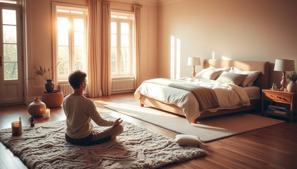 A serene bedroom bathed in warm, golden light through large windows. In the foreground, a person is sitting cross-legged on a plush rug, practicing deep breathing exercises. Candles flicker gently, and essential oil diffusers emit a calming aroma. In the middle ground, a plush king-size bed is dressed in soft, natural linens, accompanied by a bedside table with a collection of relaxing books. The background features a neutral, earthy color palette, creating a sense of tranquility and peace. The overall atmosphere is one of restorative calm, inviting the viewer to unwind and prepare for a restful night's sleep.