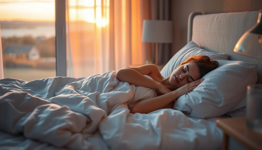 A serene bedroom scene at sunset, showcasing a person in deep, restful sleep. The bed is adorned with soft, cozy linens, and a nightstand with a glass of water sits nearby. Warm, ambient lighting filters through sheer curtains, casting a golden glow over the peaceful figure. In the background, a window overlooks a calming landscape, hinting at the tranquility of the setting. The overall atmosphere evokes a sense of restorative sleep, highlighting the benefits of intermittent fasting for improving sleep quality.