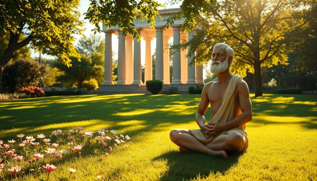 A serene, classical scene of a philosopher meditating in a lush, sunlit garden. In the foreground, a stoic figure sits cross-legged, eyes closed, hands resting on their lap in a pose of tranquility. The middle ground features a manicured lawn dotted with fragrant flowers, their petals gently swaying in a soft breeze. In the background, a columned pavilion or temple stands, casting long shadows across the scene. Warm, golden light filters through the leaves of the surrounding trees, creating a contemplative atmosphere. The overall mood is one of gratitude, mindfulness, and the pursuit of inner peace through Stoic practices.
