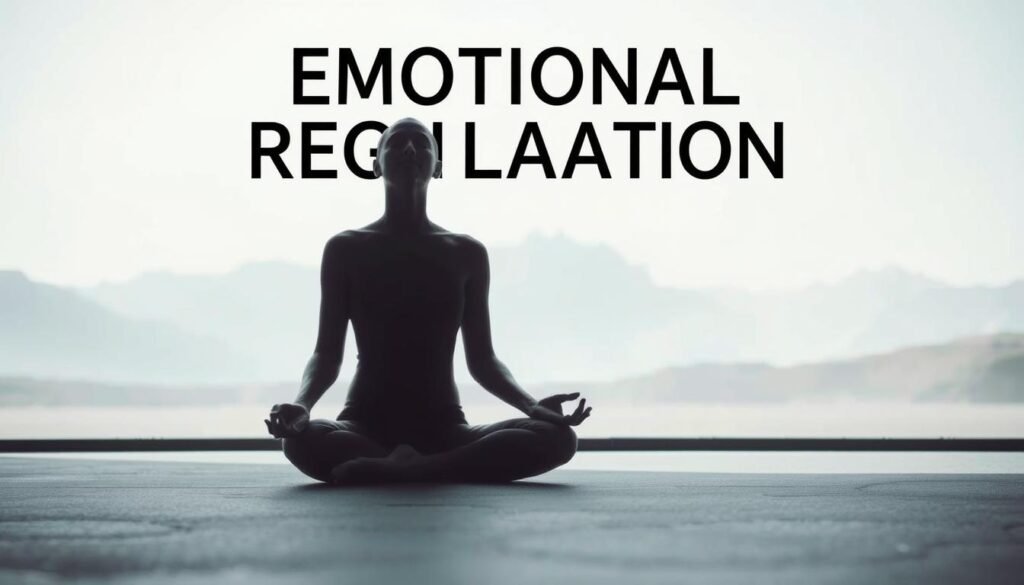 A serene, contemplative scene depicting the concept of "Emotional Regulation". In the foreground, a figure sits in a meditative pose, eyes closed, with an expression of calm focus. The background features a tranquil, minimalist landscape - perhaps a remote, mountainous vista or a simple, minimalist room. The lighting is soft and diffused, creating a sense of inner peace and balance. The overall atmosphere conveys a sense of control, introspection, and the harmonious integration of mind and body. Technical details include a wide-angle lens to capture the expansive space, and a slight aerial perspective to emphasize the contemplative mood.
