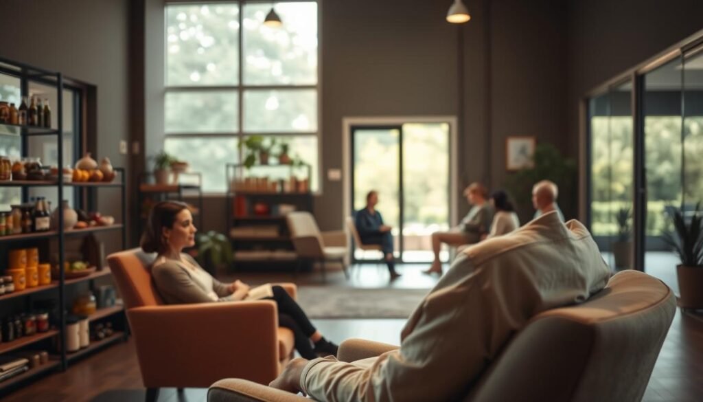 A serene, dimly-lit rehabilitation clinic interior, with natural lighting filtering through large windows. In the foreground, a person in a cozy chair engages in a one-on-one nutrition counseling session, their expression contemplative as they discuss their journey to recovery. Shelves of healthy foods and supplements line the walls, creating a soothing, therapeutic atmosphere. The middle ground features a small group discussion, where patients share their experiences and support one another's nutritional needs. In the background, a peaceful garden scene is visible through the windows, symbolizing the holistic approach to rehabilitation. The lighting is warm and inviting, conveying a sense of hope and empowerment on the road to overcoming addiction.
