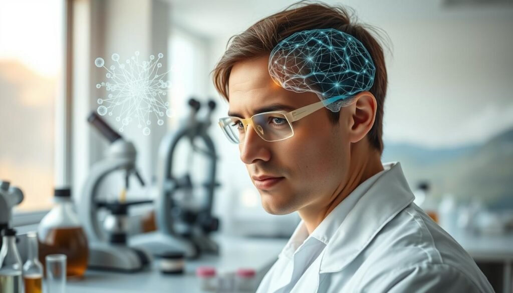 A serene laboratory setting, with a central focus on the concept of neuroplasticity. The foreground showcases a scientist, their face illuminated by the soft glow of a holographic display, examining neural pathways and synaptic connections. The middle ground features various scientific instruments, including a microscope, test tubes, and a 3D neural network visualization. The background gradually transitions to a softly blurred natural landscape, representing the integration of scientific advancements with the inherent adaptability of the human brain. The overall atmosphere is one of scientific inquiry, discovery, and the potential for enhancing well-being through evidence-based interventions.