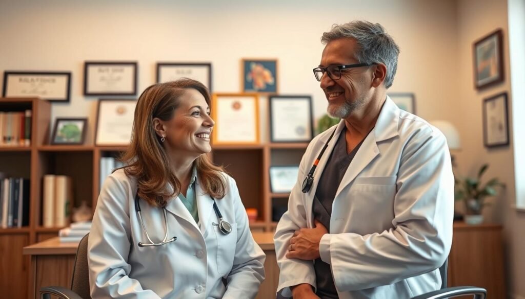 A serene medical office setting with a prominent desk, bookshelves, and diplomas adorning the walls. In the foreground, a smiling nutritionist in a white coat consults with a satisfied patient, discussing a success story of nutritional intervention. The lighting is warm and inviting, conveying a sense of professionalism and expertise. The composition emphasizes the collaborative nature of the consultation, with the nutritionist and patient engaged in a meaningful dialogue. The background features subtle medical iconography, reinforcing the medical context. The overall mood is one of trust, empowerment, and positive health outcomes. A serene medical office setting with a prominent desk, bookshelves, and diplomas adorning the walls. In the foreground, a smiling nutritionist in a white coat consults with a satisfied patient, discussing a success story of nutritional intervention. The lighting is warm and inviting, conveying a sense of professionalism and expertise. The composition emphasizes the collaborative nature of the consultation, with the nutritionist and patient engaged in a meaningful dialogue. The background features subtle medical iconography, reinforcing the medical context. The overall mood is one of trust, empowerment, and positive health outcomes.