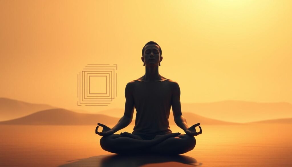 A serene, meditative scene depicting the integration of Stoic philosophy and cognitive training. In the foreground, a pensive figure sits in a lotus position, eyes closed in deep contemplation. Soft, warm lighting casts a gentle glow, creating an atmosphere of tranquility and focus. In the middle ground, abstract geometrical shapes and patterns symbolize the structured, disciplined nature of mental exercise. The background features a minimalist, nature-inspired landscape, suggesting the harmonious balance between the inner and outer realms. The overall composition conveys a sense of clarity, equilibrium, and the transformative power of merging ancient wisdom with modern cognitive practices.