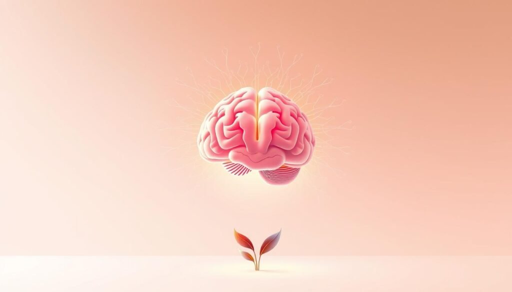 A serene, minimalist illustration depicting the benefits of intermittent fasting for brain health. Set against a soft, pastel background, a cross-section of a human brain occupies the center, glowing with a vibrant, energized radiance. Intricate neural pathways and synaptic connections radiate outward, symbolizing the rejuvenating effects of fasting on cognitive function. In the foreground, a single, stylized leaf or plant sprig emerges, representing the natural, organic nature of this process. Gentle, diffused lighting casts a warm, ethereal glow over the scene, conveying a sense of tranquility and balance. The overall composition is clean, elegant, and visually captivating, perfectly encapsulating the topic of "Intermittent Fasting and Brain Health".