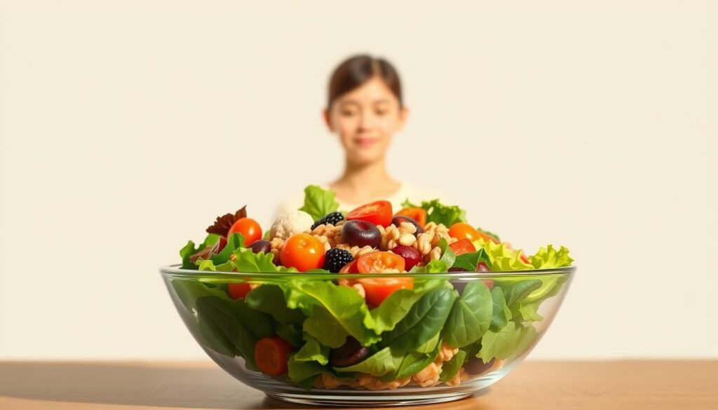 A serene, minimalist illustration showcasing the proven results and benefits of Behavioral Nutrition. In the foreground, a glass bowl filled with a vibrant, healthy salad of leafy greens, colorful vegetables, and whole grains, symbolizing the nourishing power of this approach. In the middle ground, a serene, blurred figure of a person practicing mindful eating, their face expressing a sense of calm and contentment. The background is a soft, muted gradient, creating a sense of focus and clarity. The lighting is natural and diffused, lending a sense of warmth and wellness to the scene. The overall mood is one of balance, simplicity, and the tangible rewards of adopting a Behavioral Nutrition lifestyle.