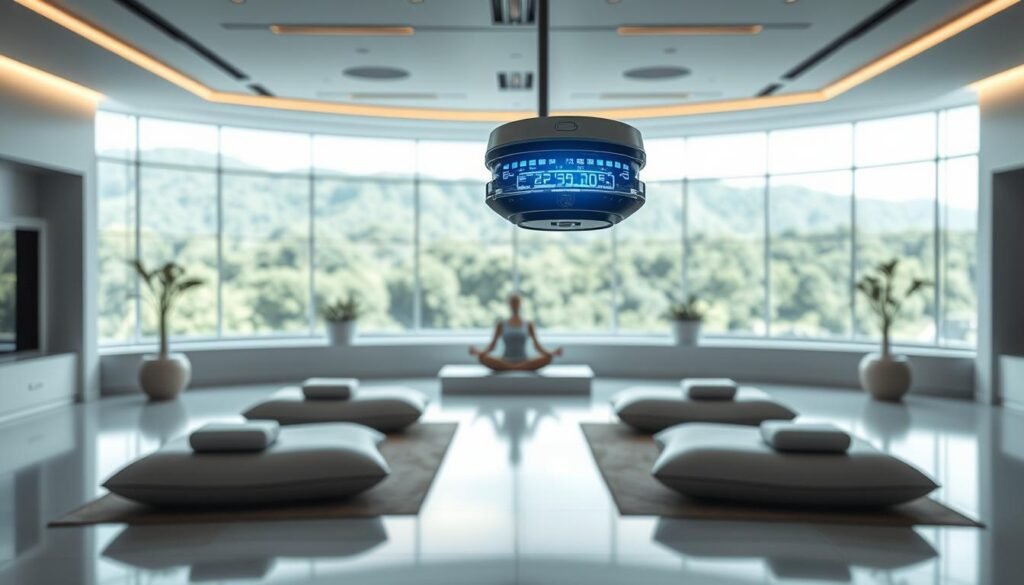 A serene, modern medical facility showcasing cutting-edge NeuroWellness technologies. In the foreground, a sleek, futuristic device hovers, its intricate digital readouts and soothing blue glow hinting at its neural interface capabilities. The middle ground features a calming meditation area, with plush cushions and ambient lighting, where patients can engage in restorative practices. In the background, a large, panoramic window offers a tranquil view of a lush, verdant landscape, promoting a sense of harmony between mind, body, and nature. The overall atmosphere is one of innovation, well-being, and therapeutic harmony, capturing the essence of "Tecnologias que favorecem o NeuroWellness".