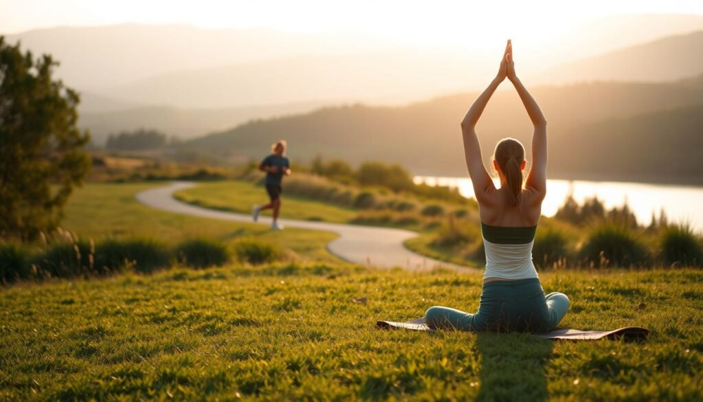 A serene outdoor scene showcasing the importance of physical activity for well-being. In the foreground, a person practicing yoga on a grassy meadow, surrounded by lush greenery and a warm, golden glow from the sun. In the middle ground, a jogger running along a winding path, their movements fluid and graceful. In the background, rolling hills and a tranquil lake, reflecting the vibrant colors of the landscape. The overall atmosphere is one of peace, balance, and the harmonious integration of the human body with the natural world. Soft, diffused lighting casts a gentle, contemplative mood, emphasizing the restorative power of physical exercise.