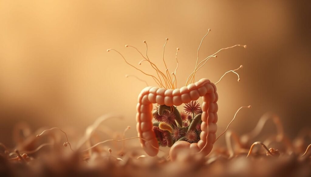 A serene, soft-focused scene depicting the intricate connection between gut dysbiosis and chronic diseases. In the foreground, a cutaway illustration showcases the intestinal ecosystem, with a diverse array of gut microbiota thriving in a balanced state. In the middle ground, delicate tendrils radiate outward, symbolizing the far-reaching effects of gut imbalance on various bodily systems. The background features muted, earthy tones, conveying a sense of organic harmony disrupted. Diffused lighting casts a contemplative, almost ethereal atmosphere, inviting the viewer to ponder the profound impact of the gut-body axis. Captured with a shallow depth of field and a warm, natural color palette, this image eloquently depicts the complex relationship between intestinal dysbiosis and chronic health conditions.
