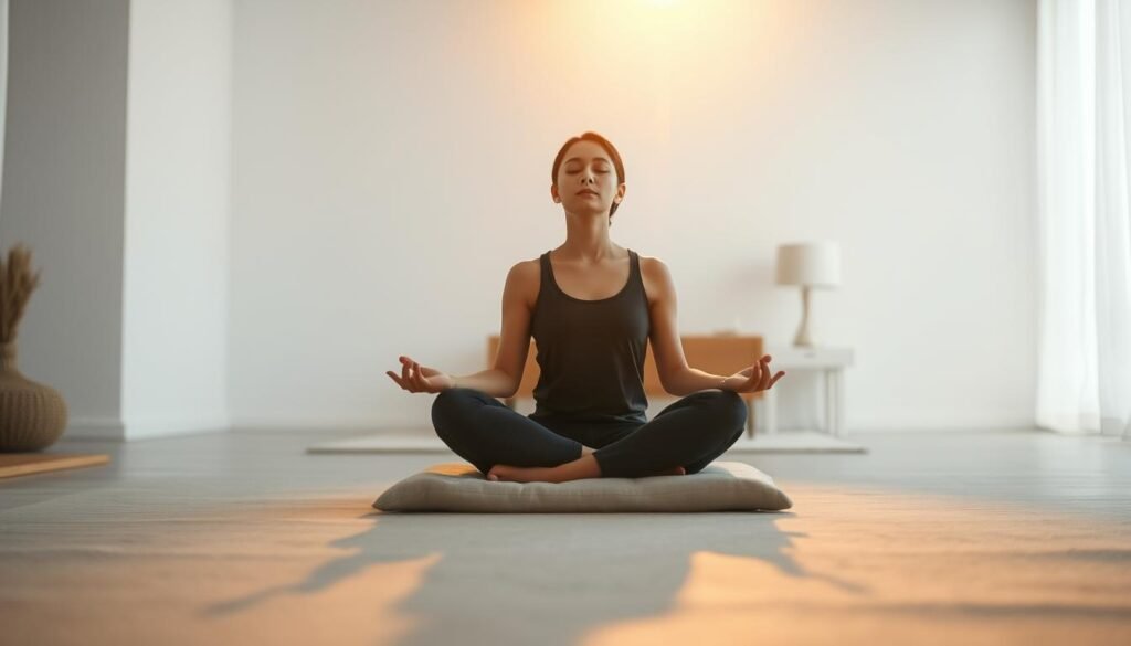 A serene, softly-lit scene of a person meditating in a tranquil, minimalist environment. The foreground features a person sitting cross-legged on a simple cushion, eyes closed in deep contemplation. Gentle rays of warm, golden light filter in from the side, casting a peaceful glow on the scene. The middle ground depicts a sparse, uncluttered space with clean, neutral-toned walls and a few simple furnishings, evoking a sense of calm focus. The background fades into a soft, hazy blur, further emphasizing the introspective mood. The overall atmosphere conveys the restorative, meditative essence of intermittent fasting.