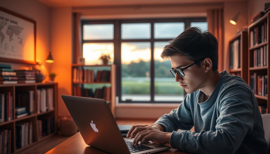 A serene study room with warm lighting and a calming atmosphere. In the foreground, a young person deeply immersed in a laptop, their expression contemplative as they ponder the complexities of hyperconnectivity. The middle ground features shelves lined with books and journals, hinting at the wealth of research and case studies on the topic. In the background, a large window overlooks a tranquil outdoor scene, offering a moment of respite and reflection. The overall composition conveys a sense of focused concentration and introspection, mirroring the subject matter of the case studies on hyperconnectivity.