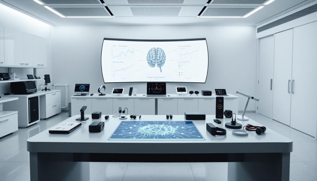 A sleek and modern laboratory setting, showcasing an array of cutting-edge technologies and devices designed to promote NeuroWellness. The foreground features a smooth, minimalist desk with a holographic display projecting soothing neural activity patterns. On the desk, a variety of sensors, wearables, and biofeedback devices are neatly arranged, reflecting the latest advancements in neurotechnology. The middle ground reveals a large, curved screen displaying brain-mapping visualizations and personalized wellness analytics. The background is a crisp, clean white space, accentuated by subtle lighting that creates a serene and calming ambiance, evoking a sense of innovation and wellbeing.