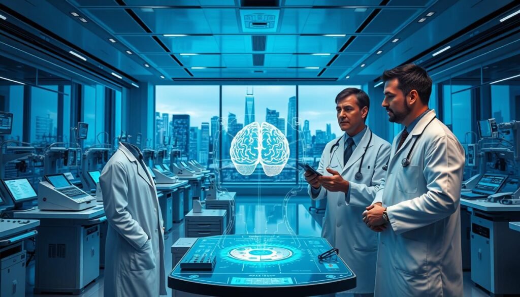 A sleek, futuristic laboratory filled with advanced medical equipment and holographic displays. In the foreground, a trio of doctors in white coats examines a 3D model of a human brain, discussing the latest innovations in neuroscience and precision medicine. The middle ground features rows of high-tech diagnostic devices and monitoring stations, bathed in a cool, blue-tinted lighting. In the background, large windows reveal a bustling city skyline, symbolizing the integration of cutting-edge technology into the future of healthcare. The scene conveys a sense of scientific progress, patient-centered care, and the boundless potential of technological advancements in the field of health and wellness.