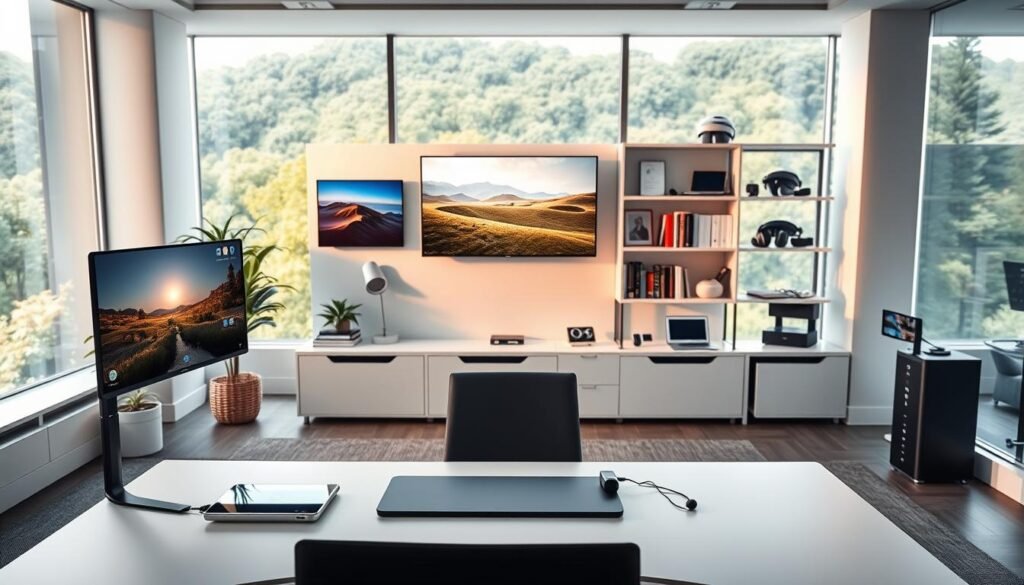 A sleek, modern office setting filled with an array of cutting-edge technological tools for NeuroWellness. In the foreground, a minimalist, ergonomic desk with a high-resolution display, wireless charging pad, and a state-of-the-art biofeedback device. On the middle ground, a wall-mounted touch screen displaying soothing nature scenes and guided meditation programs. In the background, a bookshelf showcasing the latest publications on neuroscience and wellness, along with VR headsets and brain-computer interface modules. Soft, diffused lighting creates a calming atmosphere, while large windows offer a panoramic view of a lush, verdant landscape. The overall scene evokes a sense of innovation, productivity, and holistic well-being.