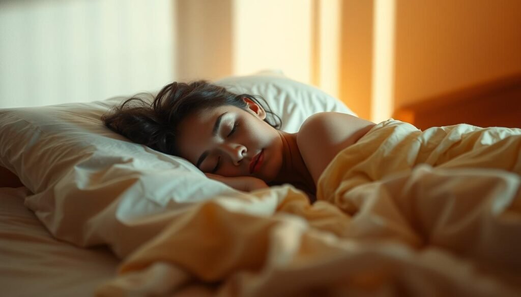 A sleeping figure rests peacefully, their face serene and undisturbed, surrounded by a soft, hazy glow. The bedroom is bathed in a warm, amber light, with delicate shadows cast across the walls. The bedsheets are tousled, yet comfortable, as if the person has just drifted off into a deep, restorative slumber. The overall atmosphere is one of tranquility and calm, conveying the importance of healthy, uninterrupted sleep. A gentle, out-of-focus background suggests the absence of external distractions, allowing the viewer to focus on the peaceful state of the sleeping individual.