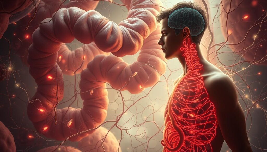 A sprawling intestinal landscape, where colonies of microbes intertwine in a delicate dance. In the foreground, a tangled web of neural pathways, pulsing with signals that link the gut and the brain. Amidst this intricate network, a figure struggles with cravings, their expression a portrait of internal conflict. The lighting is soft, casting an ethereal glow that underscores the complexity of the relationship between gut health and food addiction. The scene is rendered in a realistic, almost photographic style, drawing the viewer into this captivating intersection of neuroscience and gastronomy.