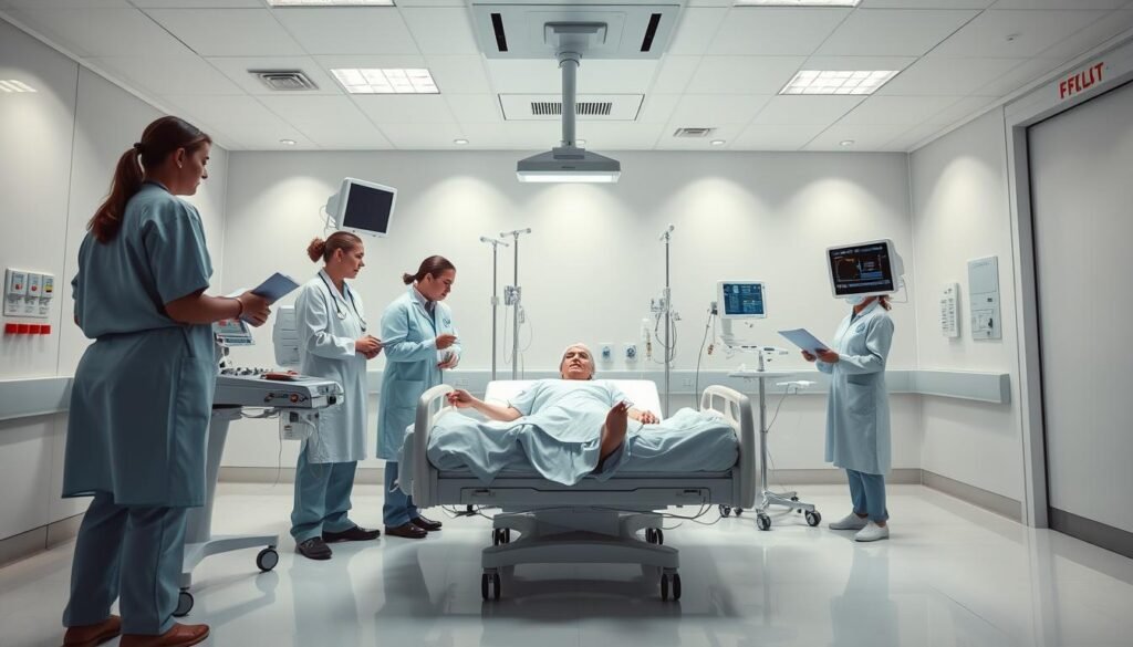 A sterile hospital room with gleaming white walls and floors, bathed in soft, diffuse lighting. In the center, a patient rests comfortably in a hospital bed, surrounded by medical equipment and IV drips. Hovering over the patient, a team of attentive healthcare professionals examines charts and monitors, discussing the patient's post-bariatric surgery nutritional needs. The atmosphere is calm, focused, and imbued with a sense of care and professionalism. The scene conveys the importance of proper nutritional management during the critical recovery phase following bariatric surgery.