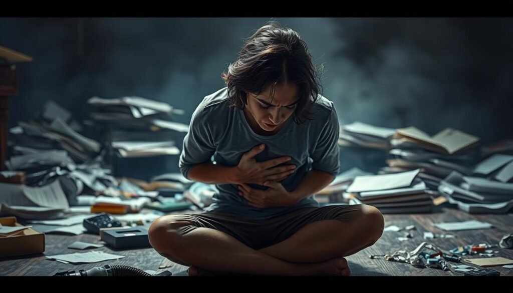 A stressed-out person sitting on the floor, clutching their stomach in discomfort, surrounded by a chaotic, unsettled environment. The foreground features the figure in a curled, anxious pose, with a pained expression. The middle ground depicts a messy, cluttered space with scattered papers, books, and other items, reflecting the internal turmoil. The background is hazy and out of focus, suggesting a sense of unease and lack of clarity. The lighting is dim and moody, casting shadows that add to the overall sense of distress. The scene conveys the influence of stress on gut health and the resulting cognitive and behavioral effects.