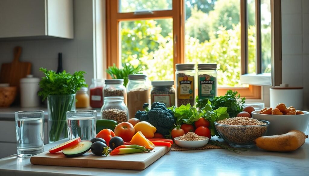 A sunny, well-lit kitchen countertop with a variety of fresh, healthy ingredients arranged neatly. In the foreground, a cutting board with sliced fruits and vegetables, alongside a glass of water and a bowl of whole grains. In the middle ground, jars of nuts, seeds, and spices stand prominently. The background features an open window overlooking a lush, verdant garden, conveying a sense of natural, nutritious abundance. The overall mood is one of balance, tranquility, and a commitment to a wholesome, rejuvenating dietary lifestyle.