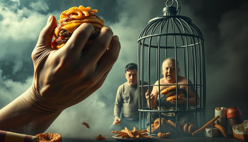 A surreal and captivating scene depicting the intricate connection between food addiction and severe obesity. In the foreground, a colossal, distorted hand grasps a towering stack of calorically dense fast food, its fingers curling possessively around the greasy treats. The middle ground features a person trapped within a cage-like structure, their expression one of both desire and anguish, highlighting the psychological and physiological grip of food addiction. The background is shrouded in a hazy, dreamlike atmosphere, evoking the subconscious drivers that fuel this complex relationship. Dramatic lighting casts dramatic shadows, heightening the sense of struggle and the invisible bonds that connect the individual to their compulsive eating habits. The overall scene conveys the powerful, almost supernatural hold that food can exert on the human psyche and body.