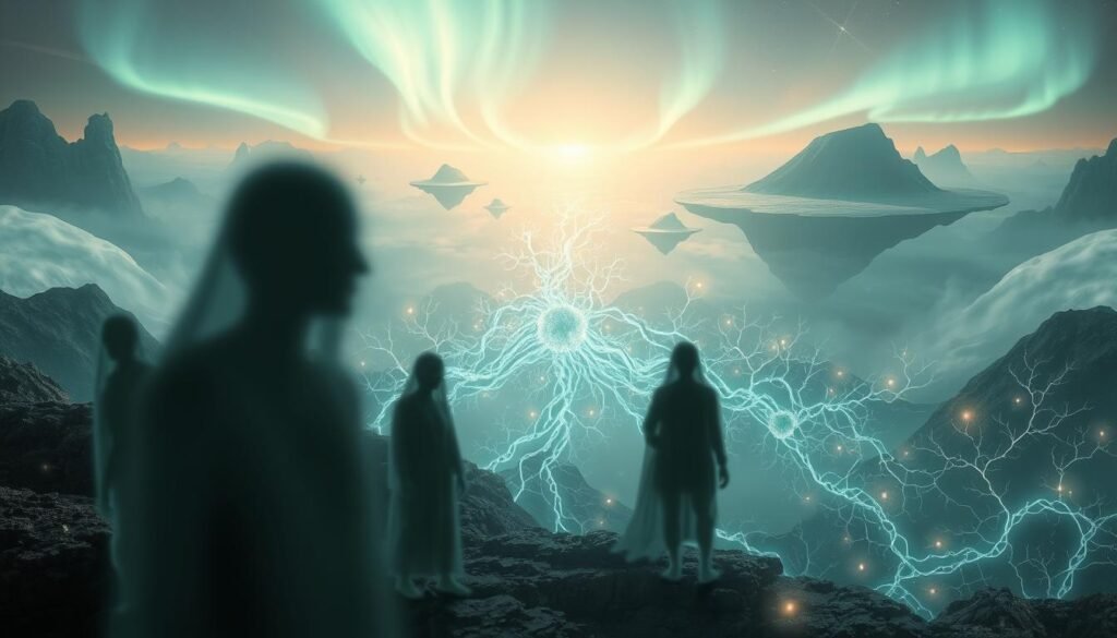 A surreal and ethereal depiction of "Neuroplasticity Myths", set against a backdrop of dreamlike landscapes. In the foreground, ghostly figures representing common misconceptions about neuroplasticity, their forms blurred and fading. In the middle ground, a cascading array of neural pathways, pulsing with energy and change. The background features a serene, otherworldly environment, with floating islands, shimmering aurora-like lights, and a sense of tranquility that belies the complex realities of the brain's neuroplastic nature. Soft, diffused lighting illuminates the scene, creating an atmosphere of contemplation and exploration. The overall composition conveys the idea that myths about neuroplasticity exist, but the true wonders of the brain's adaptability lie in the unseen realms of scientific discovery.