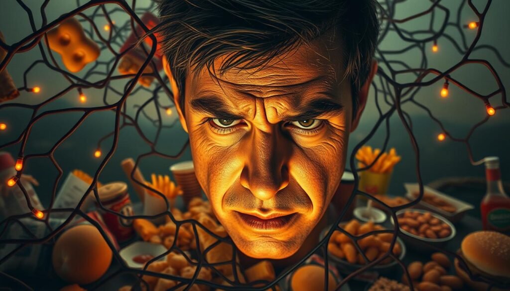 A tangled web of food cravings, synaptic connections, and neurochemical imbalances. In the foreground, a close-up of a distressed individual's face, brow furrowed, eyes weary, reflecting the inner turmoil of food addiction. The middle ground features an array of tempting, highly-processed snacks and fast food, casting an alluring, yet sinister glow. In the background, a dim, hazy landscape, symbolic of the neural pathways hijacked by the constant search for the next fix. Soft, warm lighting accentuates the sense of unease and struggle, while a shallow depth of field draws the viewer's attention to the focal point of the individual's internal battle. This image captures the essence of "Dependência Alimentar" – the neurobiological and psychological complexities of food addiction.