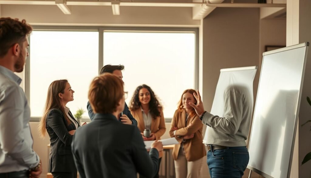 A team of business professionals in a warm, well-lit office setting, engaged in a collaborative discussion on leadership and burnout prevention. In the foreground, a confident manager stands before a whiteboard, gesturing animatedly as they present strategies to their attentive colleagues. Soft, natural lighting illuminates the scene, creating an atmosphere of open communication and problem-solving. The middle ground features employees leaning in, taking notes and offering ideas, while the background showcases a minimalist, modern decor that promotes focus and productivity. The overall tone conveys a sense of collective responsibility and a shared commitment to fostering a healthy, sustainable work environment.
