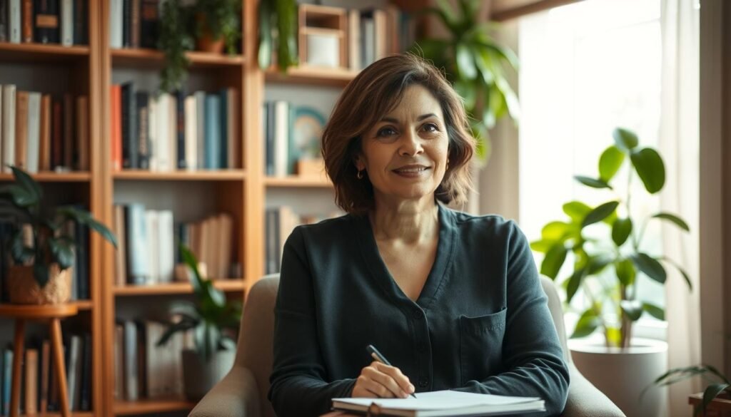 A thoughtful and caring psychologist, Dr. Jô Furlan, sits in a cozy, well-lit office, her warm expression conveying empathy and expertise. Surrounded by bookshelves and plants, the room exudes a sense of tranquility and healing. Soft, natural lighting bathes the scene, highlighting the doctor's attentive gaze and the serene atmosphere. In the foreground, a comfortable chair and a notebook suggest the space is designed for meaningful conversations about mental health. The overall impression is one of a professional, yet inviting environment where patients can feel safe to explore their inner struggles and find the guidance they need.