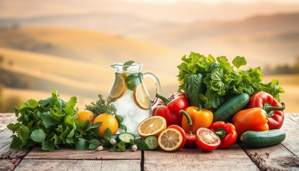 A thoughtful, serene still life depicting a collection of healthy dietary options for weight loss. In the foreground, an array of fresh, vibrant vegetables - leafy greens, vibrant peppers, and crisp cucumbers - artfully arranged on a rustic wooden table. In the middle ground, a glass pitcher of infused water, sliced lemon and sprigs of mint, conveying the importance of hydration. In the background, a softly lit landscape with rolling hills and a distant horizon, creating a sense of calm and expansiveness. The lighting is warm and natural, casting a gentle glow over the scene. The overall mood is one of balance, wellness, and mindful nourishment - reflecting the therapeutic approach to weight loss and the cerebral understanding of food addiction.