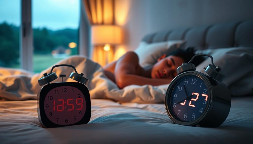 A tranquil bedroom scene with a person sleeping peacefully on a comfortable bed, surrounded by soft bedding and warm lighting. The room is dimly lit, creating a cozy and relaxing atmosphere. In the foreground, a digital clock displays the time, symbolizing the impact of intermittent fasting on sleep quality. The background features a window with a view of a peaceful, natural landscape, suggesting the restorative power of rest and rejuvenation. The overall composition conveys a sense of balance, harmony, and the profound connection between intermittent fasting and the quality of sleep.