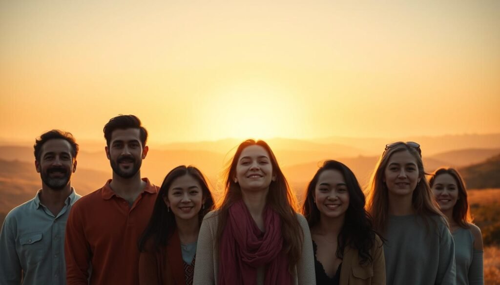 A tranquil, minimalist scene depicting successful Stoic case studies. In the foreground, a group of diverse individuals radiating an aura of calm and inner peace, their expressions serene and unwavering. In the middle ground, a serene landscape with rolling hills and a distant horizon, bathed in a warm, golden light. The background subtly hints at the challenges and adversities they have overcome, represented by subtle shadows and muted colors, conveying a sense of resilience and strength. The overall mood is one of contemplation, self-mastery, and a harmonious integration of mind, body, and spirit.