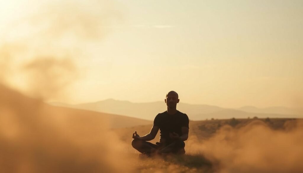 A tranquil scene depicting the intersection of intermittent fasting and stress. In the foreground, a figure sits in a meditative pose, eyes closed, face serene amidst a swirling haze of muted colors. The middle ground reveals a landscape of rolling hills and a distant horizon, bathed in a warm, golden light. In the background, wispy clouds drift across a pale, calming sky. The overall mood is one of introspection and balance, with a sense of the interplay between the physical and mental aspects of this relationship. Soft, diffused lighting casts gentle shadows, creating depth and a dreamlike atmosphere. Captured with a wide-angle lens to convey a sense of spaciousness and contemplation.