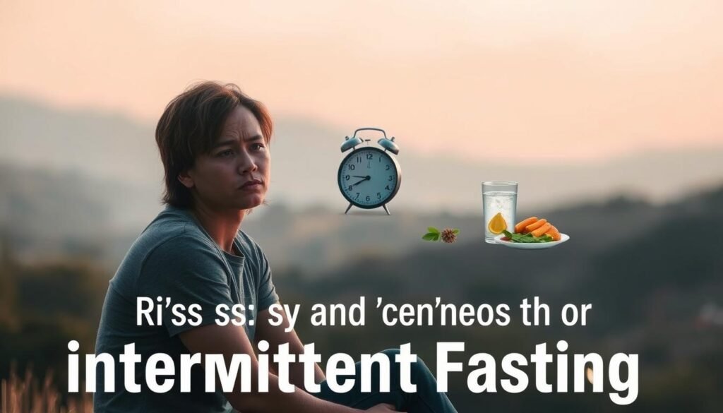 A tranquil scene depicting the risks and considerations of intermittent fasting. In the foreground, a person sitting in a pensive pose, their expression conveying a sense of concern. Surrounding them, a serene landscape with soft lighting and muted colors, hinting at the delicate balance between the benefits and potential drawbacks of this practice. In the middle ground, subtle visual cues like a clock, a glass of water, and a healthy snack, suggesting the importance of timing and self-care. The background blends seamlessly, with a warm, subdued palette that evokes a sense of introspection and contemplation. The overall atmosphere is one of thoughtfulness and caution, inviting the viewer to reflect on the nuances of intermittent fasting.