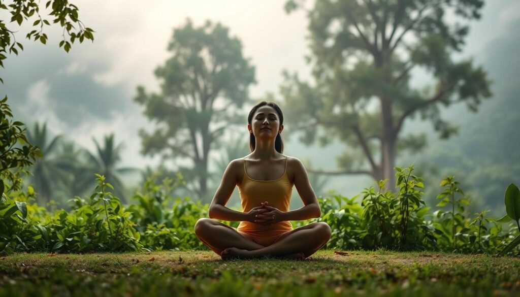 A tranquil scene of a person sitting cross-legged in a serene, natural setting. The background features lush, verdant foliage and a calming, mist-shrouded landscape. The figure is in a meditative pose, eyes closed, hands resting gently on their lap, exuding a sense of inner peace and focus. Soft, diffused lighting illuminates the scene, creating a warm, soothing atmosphere. The image conveys a profound sense of mindfulness, a deep connection with the present moment, and the overall harmony of mind, body, and spirit.