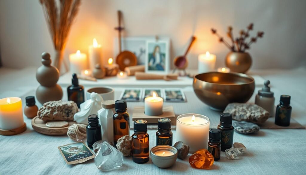 A tranquil, serene setting featuring an array of alternative healing modalities. In the foreground, a harmonious display of crystals, candles, and essential oils, bathed in warm, diffused lighting. In the middle ground, various holistic tools like incense, singing bowls, and tarot cards, arranged with intentional care. The background showcases a minimalist, earthy space with neutral tones and natural textures, evoking a sense of balance and mindfulness. The overall atmosphere is one of calming, restorative energy, inviting the viewer to immerse themselves in the integration of alternative therapies.