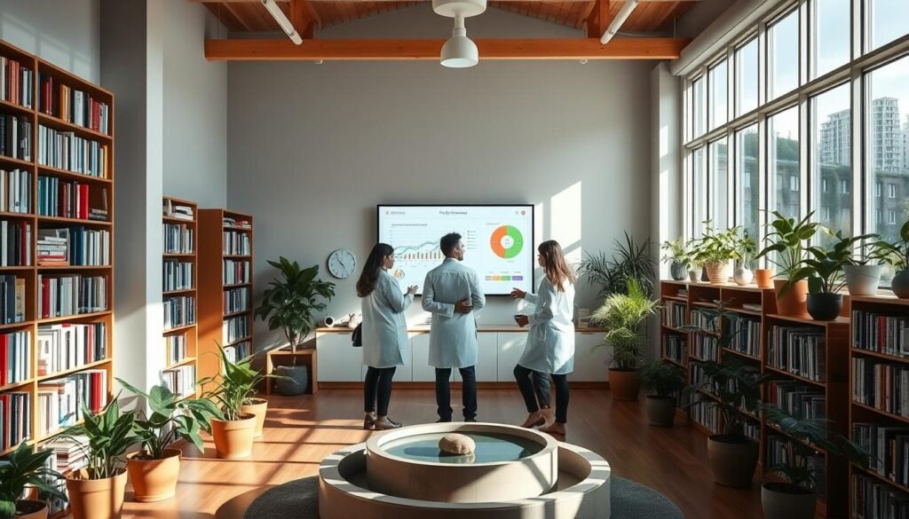 A tranquil study room filled with natural light, where researchers in the field of well-being medicine pore over their findings. Bookshelves line the walls, housing volumes on positive psychology, mindfulness, and holistic health. At the center, a group of scientists discuss their latest experiments, gesturing towards charts and graphs displayed on a large screen. Potted plants and a serene water feature create a calming atmosphere, conducive to deep contemplation and innovative thinking. The room exudes an air of intellectual curiosity and a commitment to understanding the science behind human flourishing.