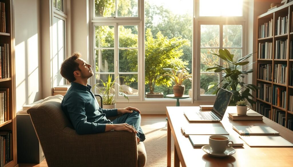 A tranquil, sun-dappled study filled with natural light and a sense of contemplation. In the foreground, a person sits in a comfortable armchair, eyes closed, deeply engaged in a cognitive exercise or meditation. Bookshelves line the walls, suggesting a space of intellectual pursuit. The middle ground features a neatly organized desk with a laptop, papers, and a cup of tea, hinting at the practical application of stoic principles. The background showcases a lush, verdant garden visible through large windows, symbolizing the connection between the mind's cultivation and the natural world. The atmosphere evokes a sense of focus, clarity, and the harmonious integration of the mental and physical realms.
