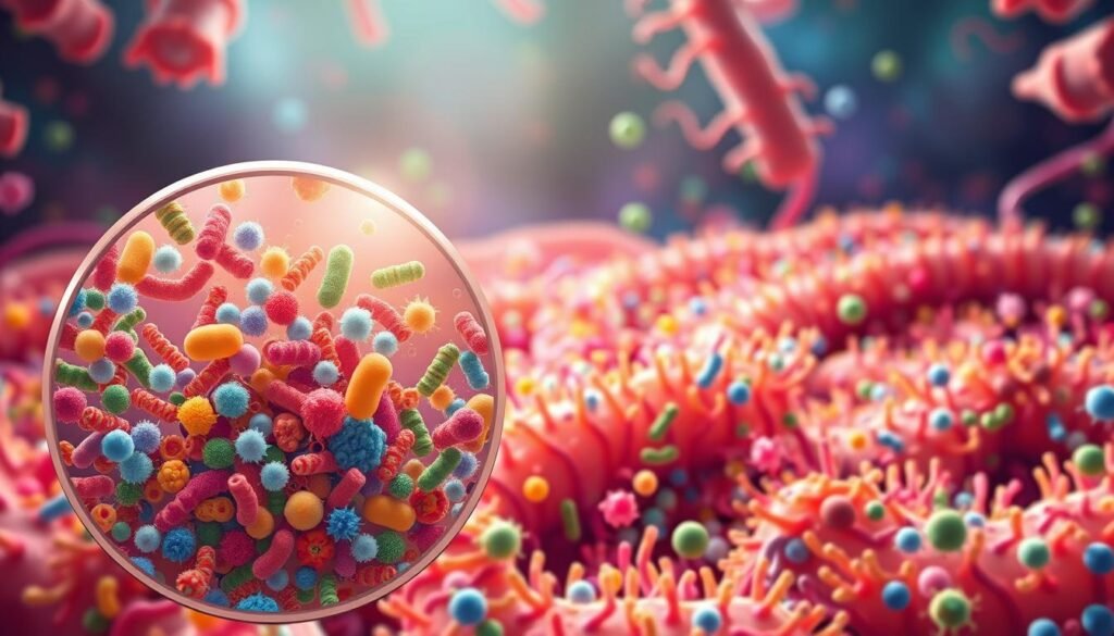A vibrant and detailed illustration of the intestinal microbiome, featuring a vast array of diverse microbial inhabitants. In the foreground, a magnified view showcases a colorful tapestry of bacterial colonies, each with unique shapes, sizes, and hues. The middle ground reveals the intricate network of intestinal villi, their delicate structures providing a nurturing environment for the microbial community. In the background, a serene and calming atmosphere sets the stage, with subtle lighting and a sense of depth, emphasizing the harmony and interconnectedness of this essential ecosystem. The image captures the vital role of the intestinal microbiota, conveying its complexity and importance in a visually compelling manner.