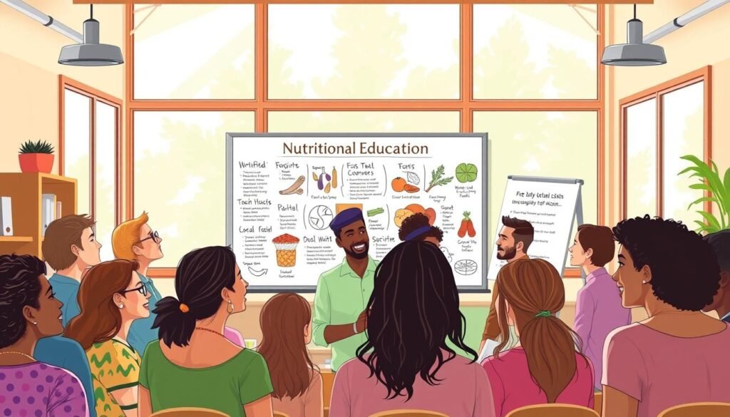 A vibrant and informative illustration of nutritional education. In the foreground, a diverse group of individuals engaged in a lively discussion, their faces alight with understanding and enthusiasm. In the middle ground, a large whiteboard displays easy-to-grasp visual aids, conveying key nutritional concepts. The background features a warm, welcoming classroom setting, with natural light streaming in through large windows, creating a nurturing and empowering atmosphere. The overall scene radiates a sense of community, learning, and the transformative power of nutritional knowledge.