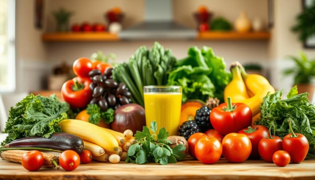 A vibrant and inviting still life scene depicting the healthy benefits of nutrition. In the foreground, an assortment of fresh, colorful produce - crisp vegetables, juicy fruits, and leafy greens - arranged in an artful composition. In the middle ground, a wooden table or cutting board, with a glass of freshly squeezed juice or a nutritious smoothie. The background features a warm, natural-lit setting, perhaps a sunlit kitchen or dining area, with minimal distractions to keep the focus on the nourishing elements. The lighting is soft and diffused, highlighting the vibrant hues and textures of the ingredients. The overall mood is one of wellness, vitality, and the power of wholesome, plant-based nutrition.