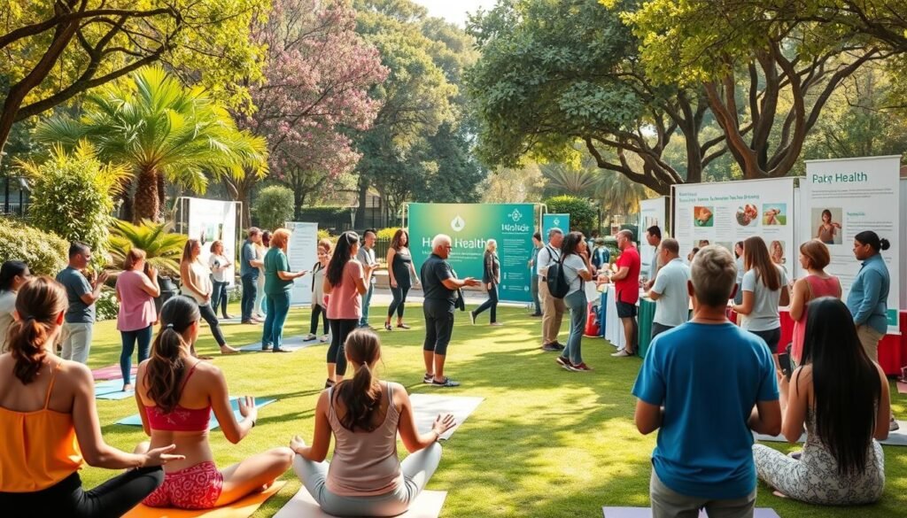 A vibrant and welcoming scene depicting the promotion of health. In the foreground, a diverse group of individuals engage in various wellness activities - yoga, meditation, and healthy cooking. Midground features educational displays and informational booths, inviting visitors to learn about preventative care and healthy lifestyles. The background showcases a lush, park-like setting with trees, flowers, and natural lighting, creating a serene and rejuvenating atmosphere. The overall mood is one of community, empowerment, and a holistic approach to personal and public health. Crisp, high-resolution photography with a wide-angle lens captures the essence of this comprehensive "health promotion" event.