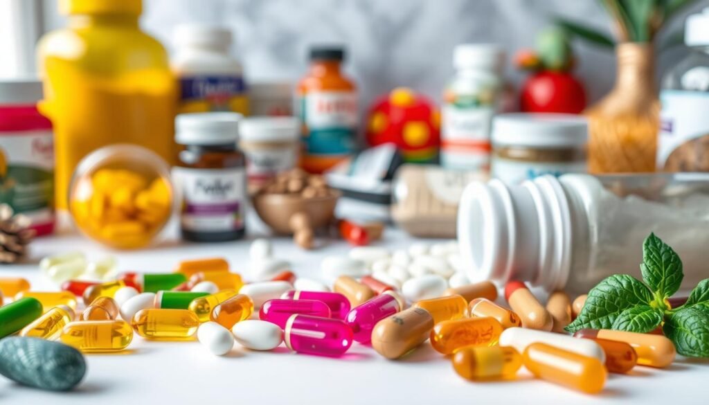 A vibrant arrangement of various nutritional supplements, including an assortment of capsules, tablets, and powders, neatly organized on a white background. The foreground showcases the supplements in an aesthetically pleasing display, with a soft, diffused lighting that emphasizes the textures and colors of the products. The middle ground features a blurred, out-of-focus backdrop, creating a sense of depth and focus on the main subject. The overall mood is one of health, wellness, and the promise of nourishing the body with essential nutrients.