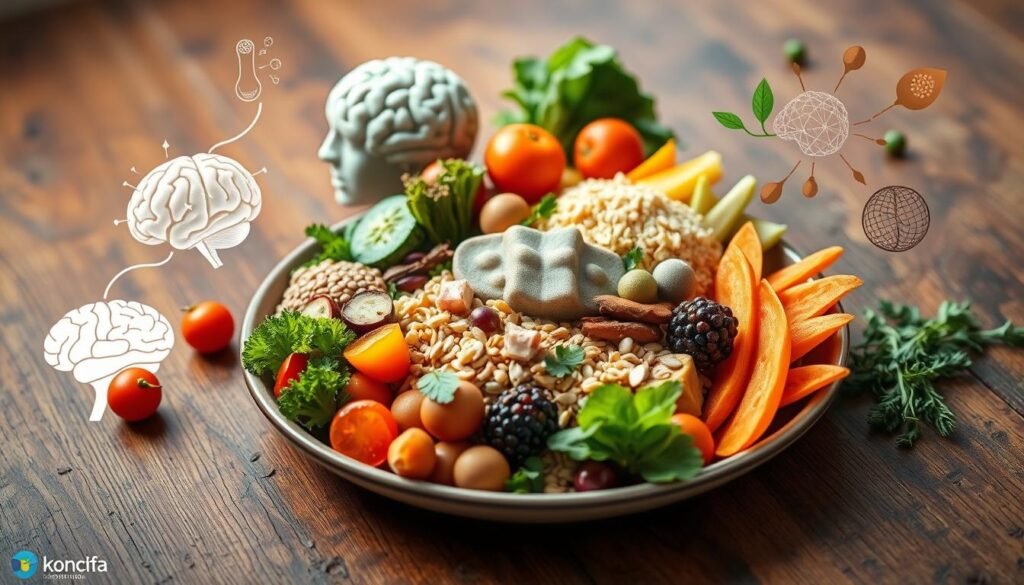 A vibrant, close-up scene of a healthy, balanced meal thoughtfully arranged on a rustic wooden table. The centerpiece is a plate filled with a variety of colorful, nutrient-rich foods - fresh vegetables, whole grains, lean protein, and healthy fats. Surrounding the plate are elements that symbolize the connection between nutrition and brain health, such as a human brain model, cognitive neuron diagrams, and botanical illustrations of brain-boosting superfoods. The lighting is soft and natural, casting a warm, inviting glow over the scene. The overall mood is one of wellness, knowledge, and the harmonious relationship between the body, mind, and nourishment.